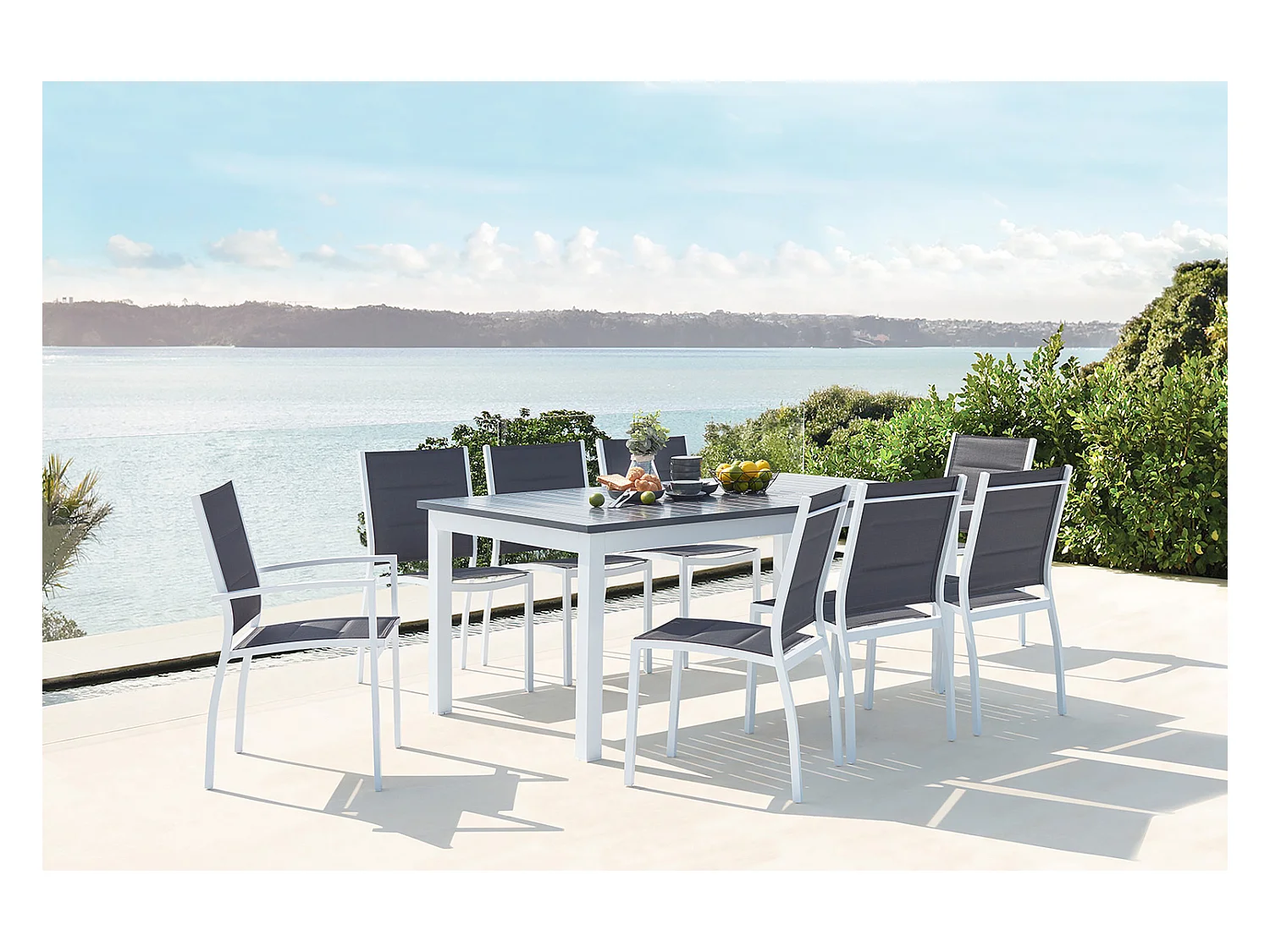 Conjunto de jardín extensible aluminio + 8 asientos textileno blanco AREZZO