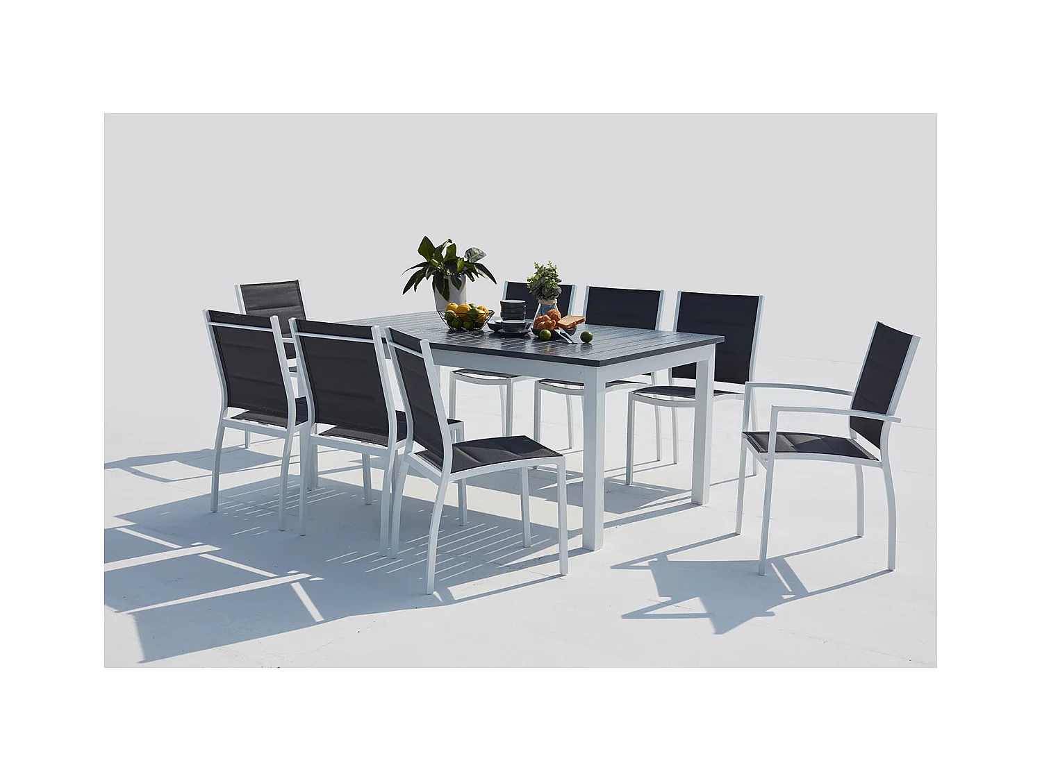 Conjunto de jardín extensible aluminio + 8 asientos textileno blanco AREZZO