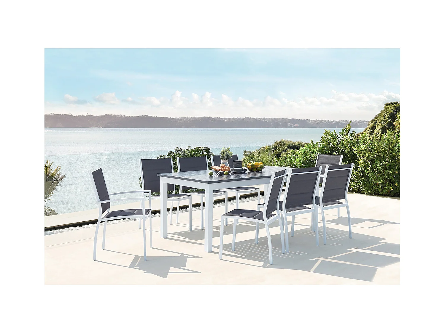 Conjunto de jardín extensible aluminio + 8 asientos textileno blanco AREZZO