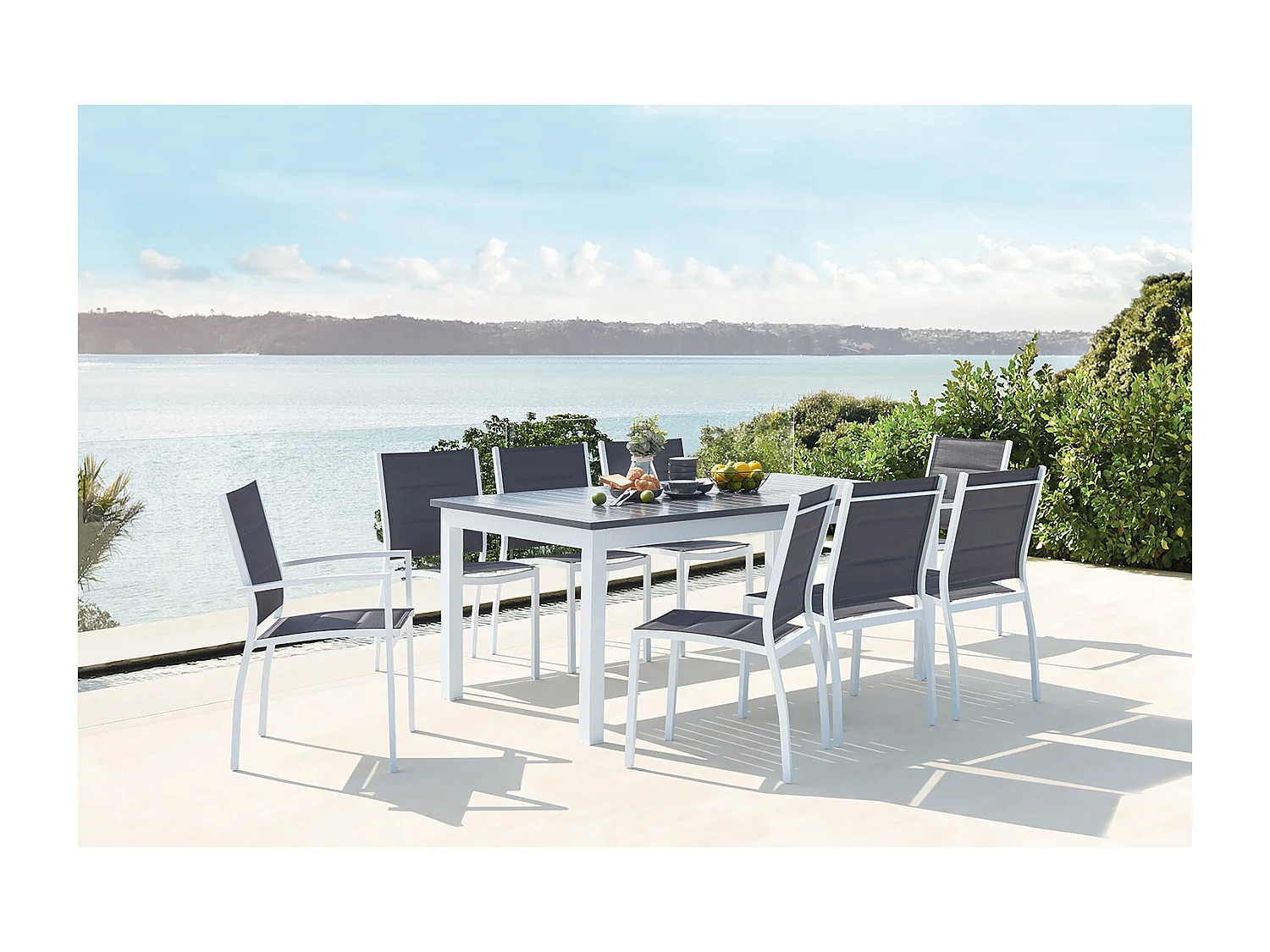 Conjunto de jardín extensible aluminio + 8 asientos textileno blanco AREZZO