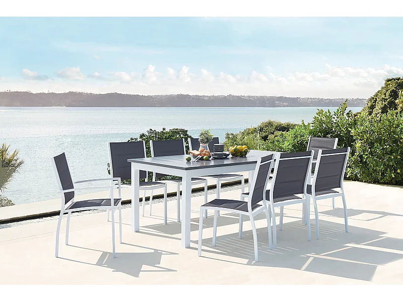 Table de jardin extensible et 8 chaises alu-toile PVC blanc AREZZO