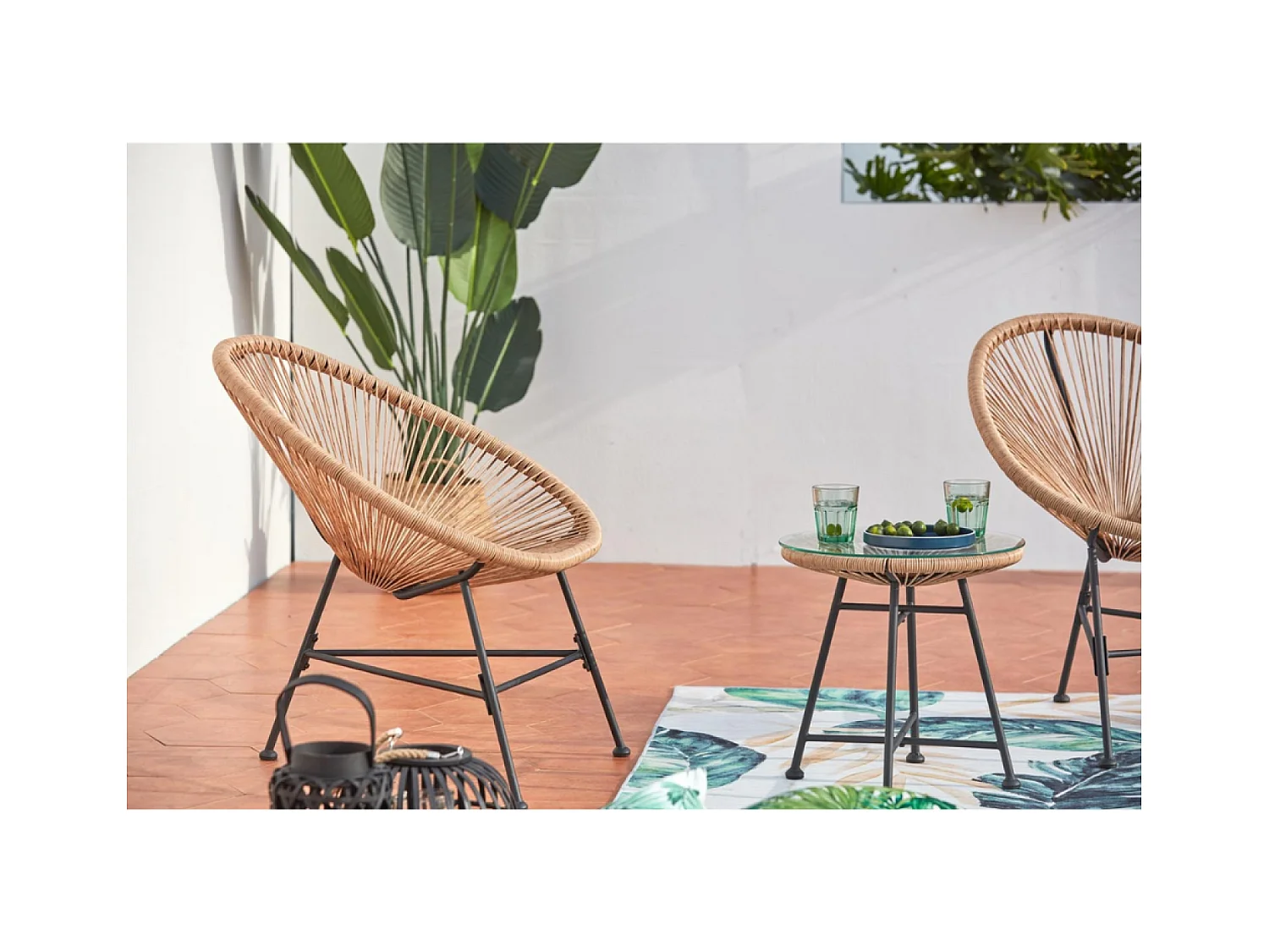 Gartenmöbel, 2 runde Sessel und natürlicher Couchtisch ACAPULCO