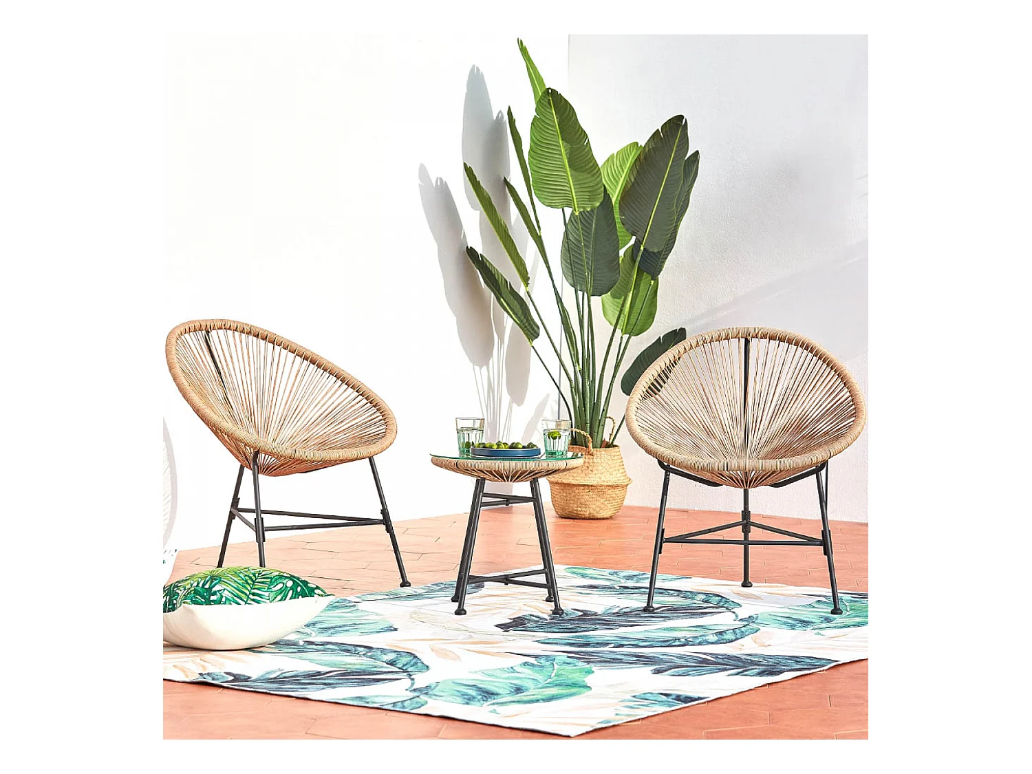 Salon de jardin 2 fauteuils ronds et table basse naturel ACAPULCO