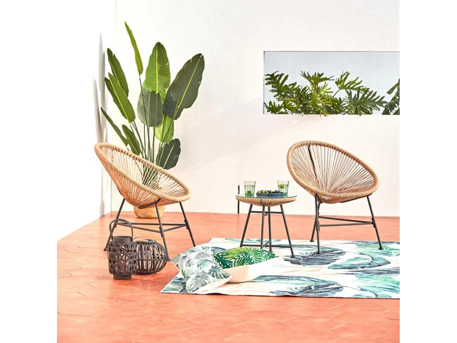 Conjunto de jardim Acapulco 2 cadeiras de ovo + mesa de centro bege