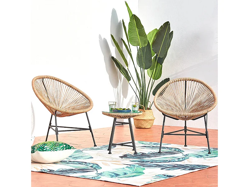 Conjunto de jardim Acapulco 2 cadeiras de ovo + mesa de centro bege