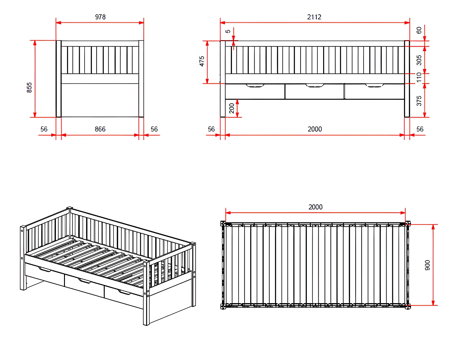 Lit Capitaine Enfant & 3 Tiroirs "Fritz" 90x200cm Naturel