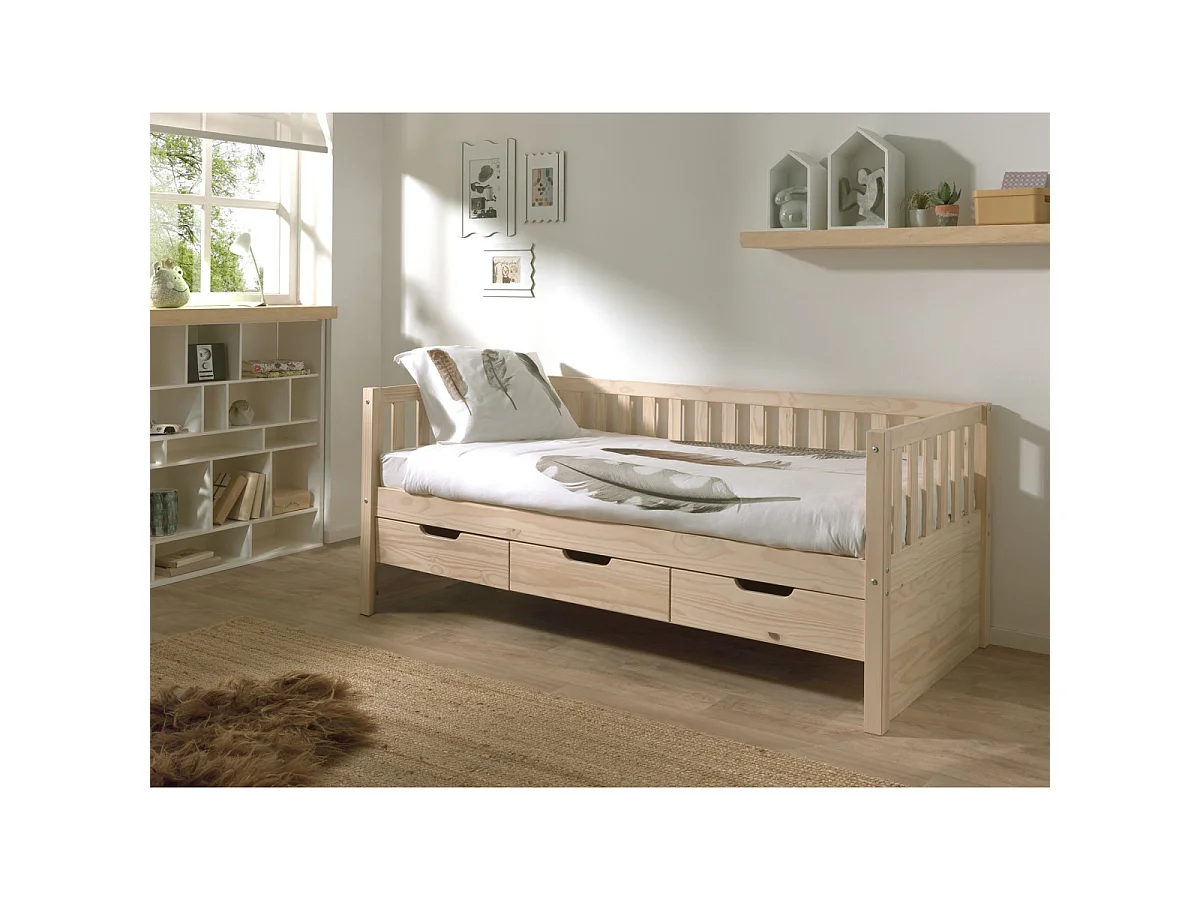 Lit Capitaine Enfant & 3 Tiroirs "Fritz" 90x200cm Naturel