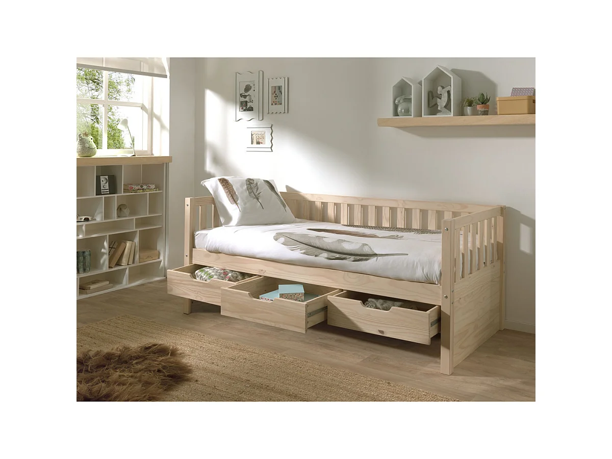 Lit Capitaine Enfant & 3 Tiroirs "Fritz" 90x200cm Naturel