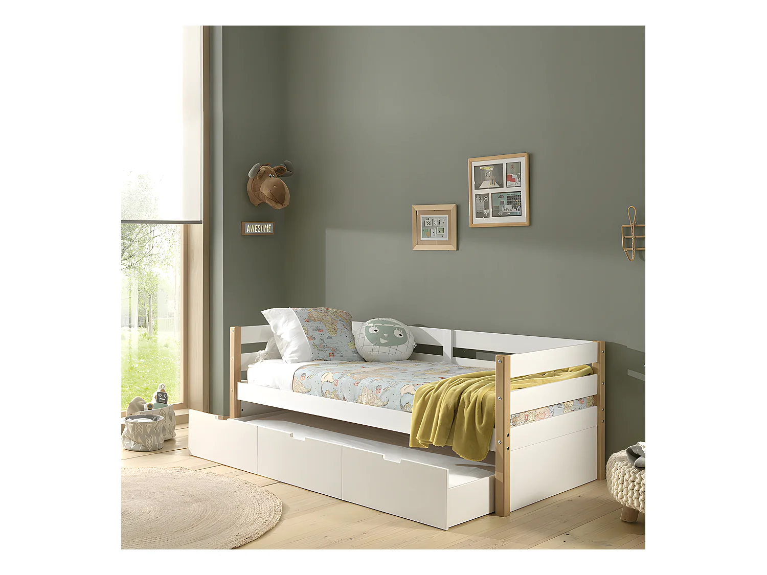 Lit banquette 90x200 sommier et tiroir de lit inclus Margrit - Blanc et Bois