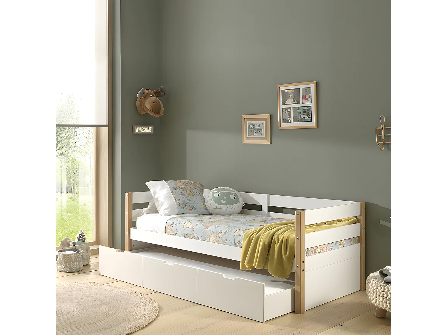 Lit banquette 90x200 sommier et tiroir de lit inclus Margrit - Blanc et Bois