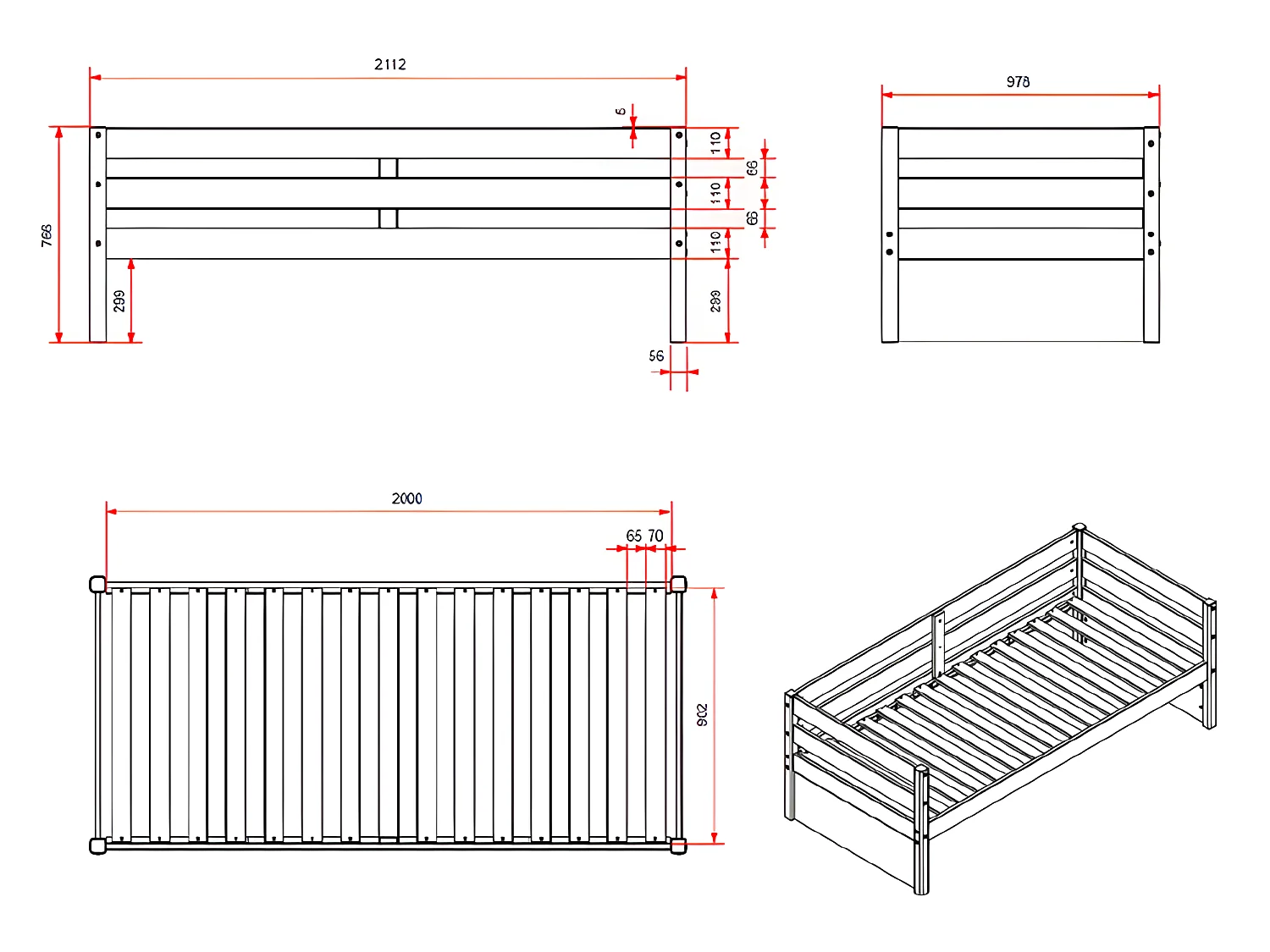 Lit banquette 90x200 sommier et tiroir de lit inclus Margrit - Blanc et Bois