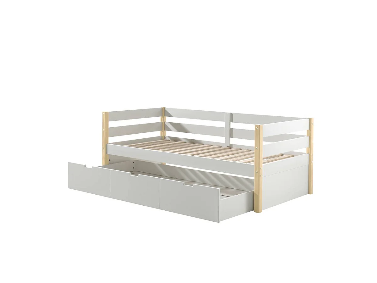Pack - Lit Capitaine & Tiroir-Lit "Margrit II" 90x200cm Blanc & Naturel