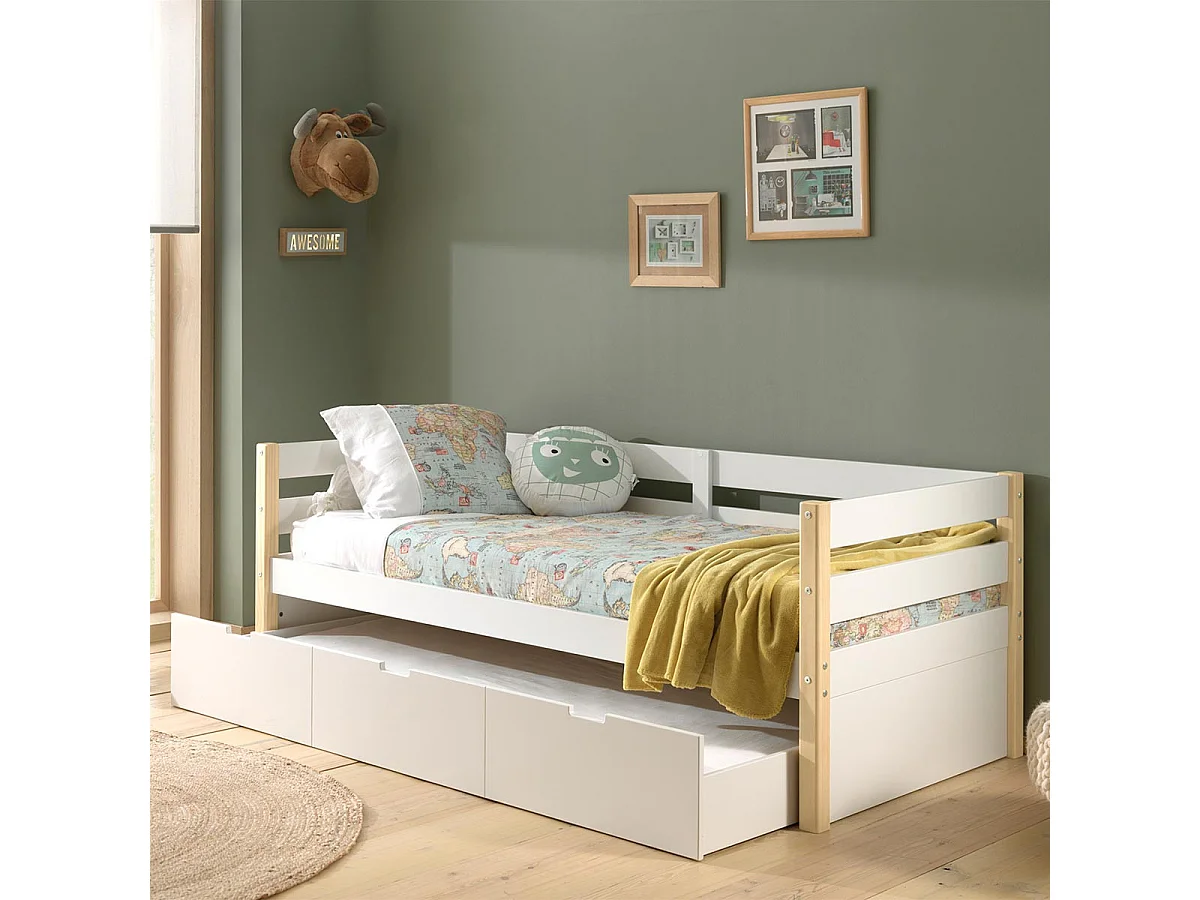 Pack - Lit Capitaine & Tiroir-Lit "Margrit II" 90x200cm Blanc & Naturel