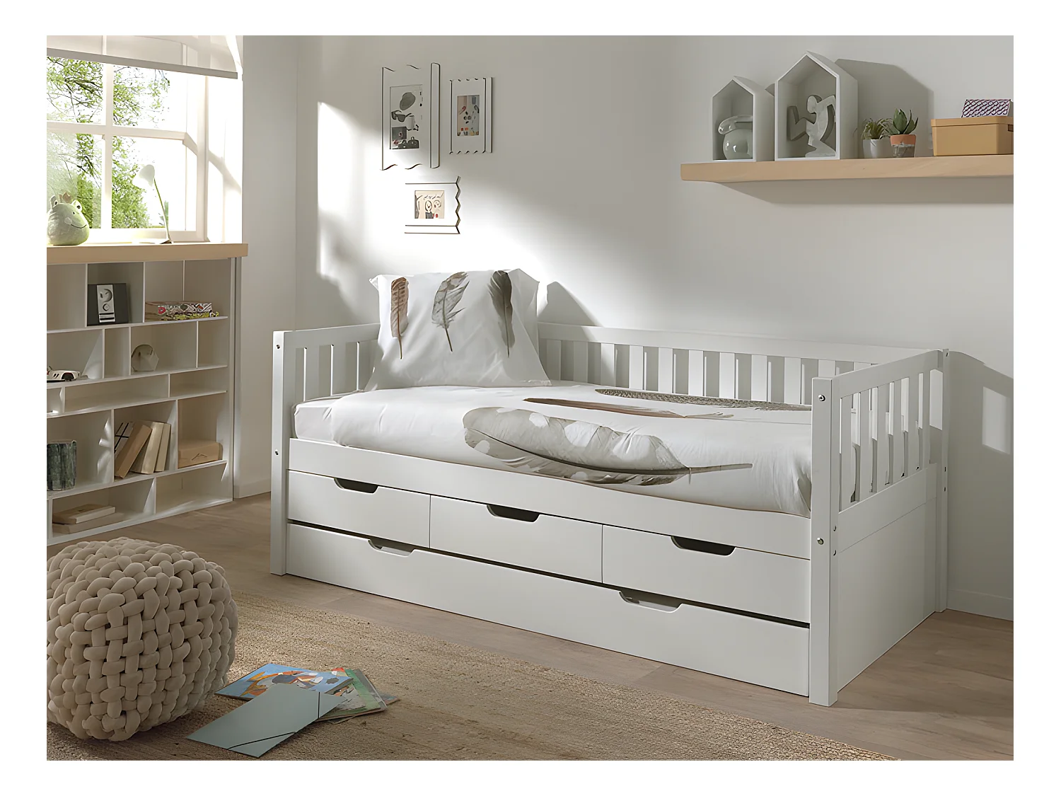 Pack - Lit Capitaine Enfant & Tiroir de Lit "Fritz" 90x200cm Blanc