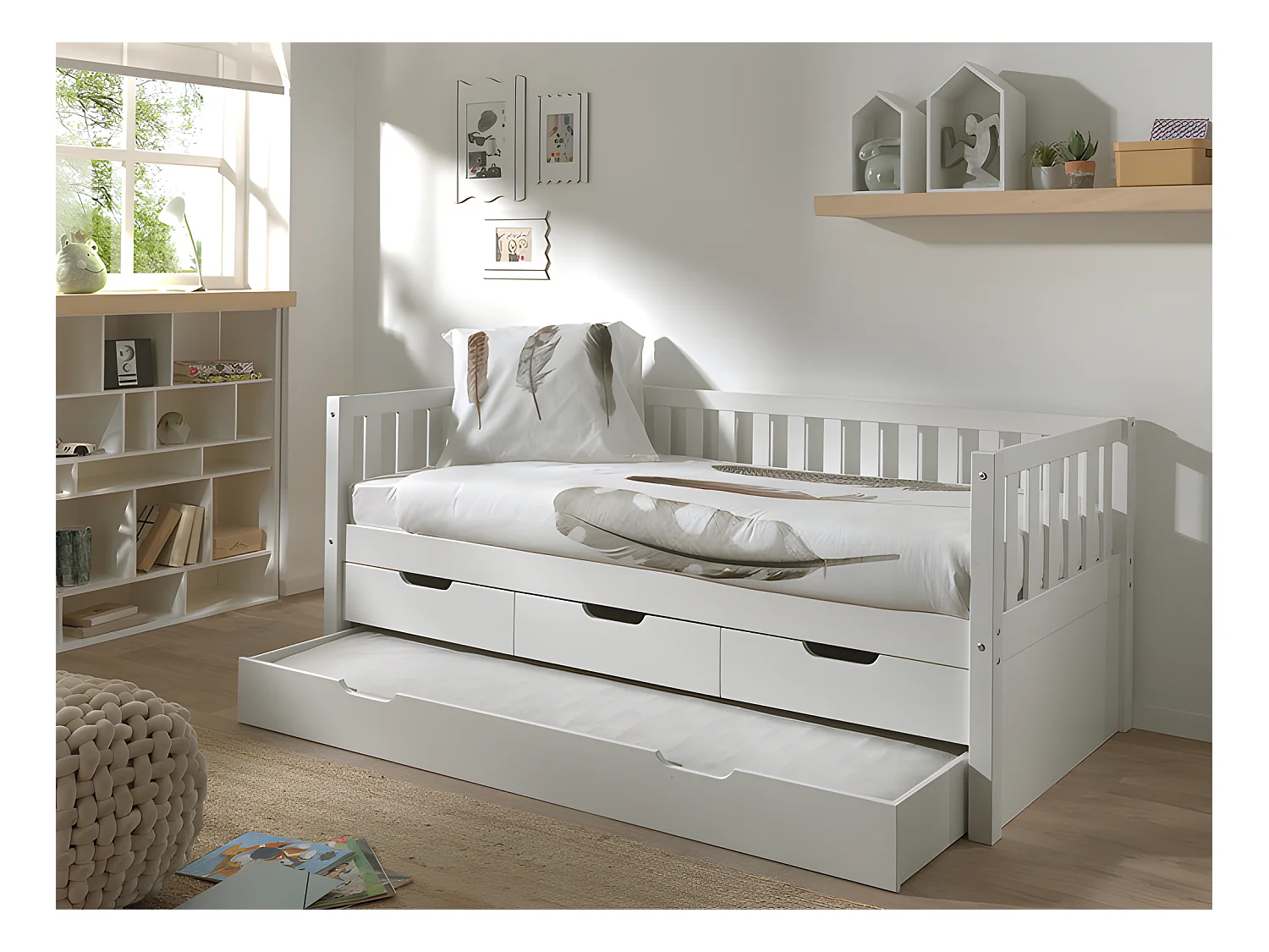 Pack - Lit Capitaine Enfant & Tiroir de Lit "Fritz" 90x200cm Blanc