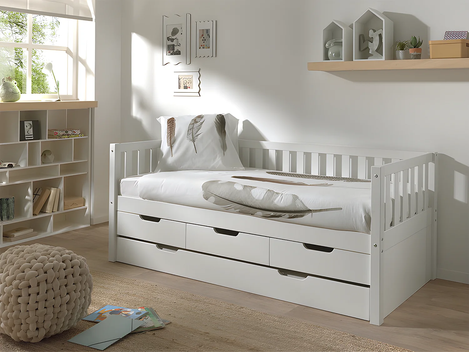 Pack - Lit Capitaine Enfant & Tiroir de Lit "Fritz" 90x200cm Blanc