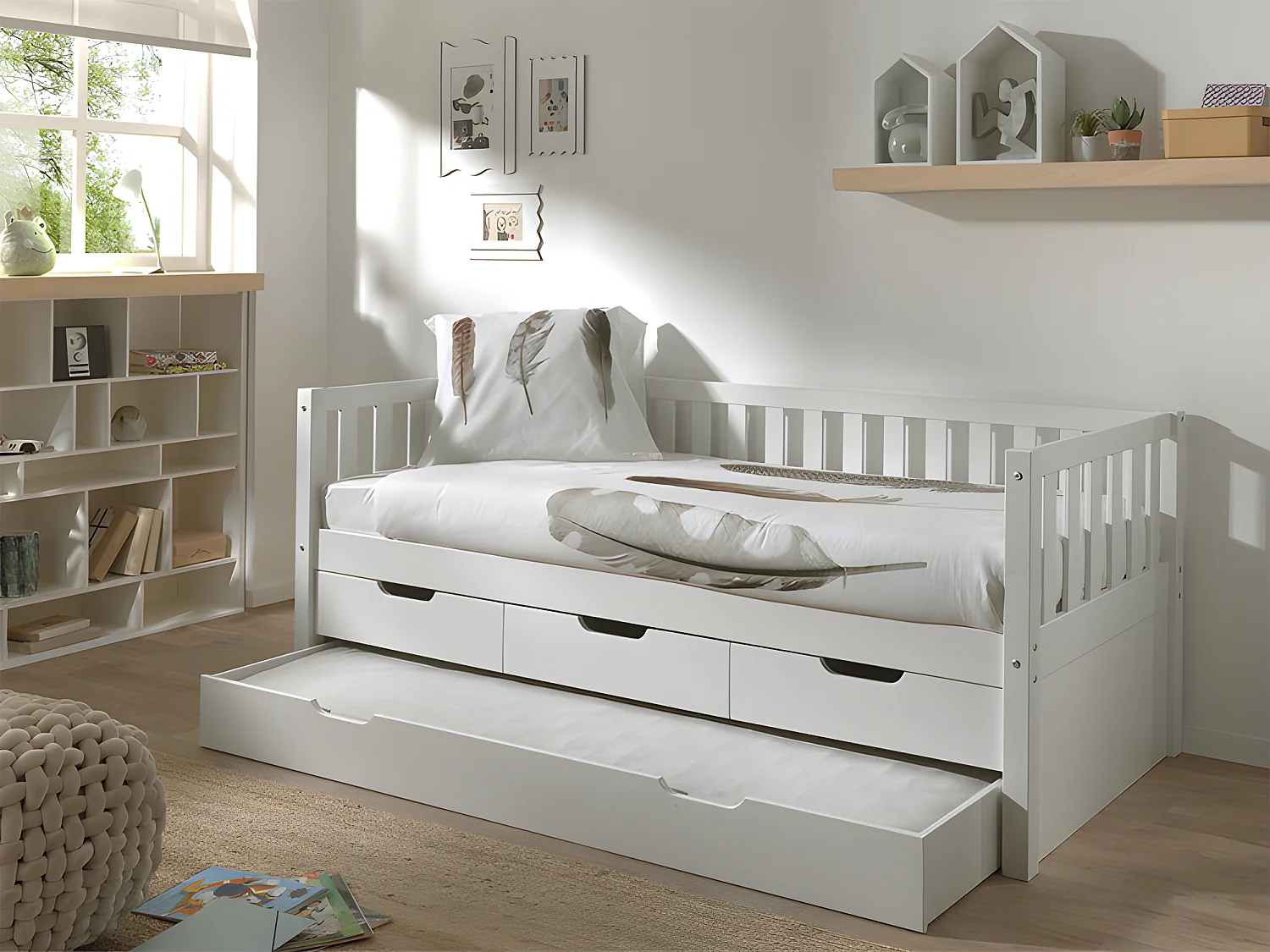 Pack - Lit Capitaine Enfant & Tiroir de Lit "Fritz" 90x200cm Blanc