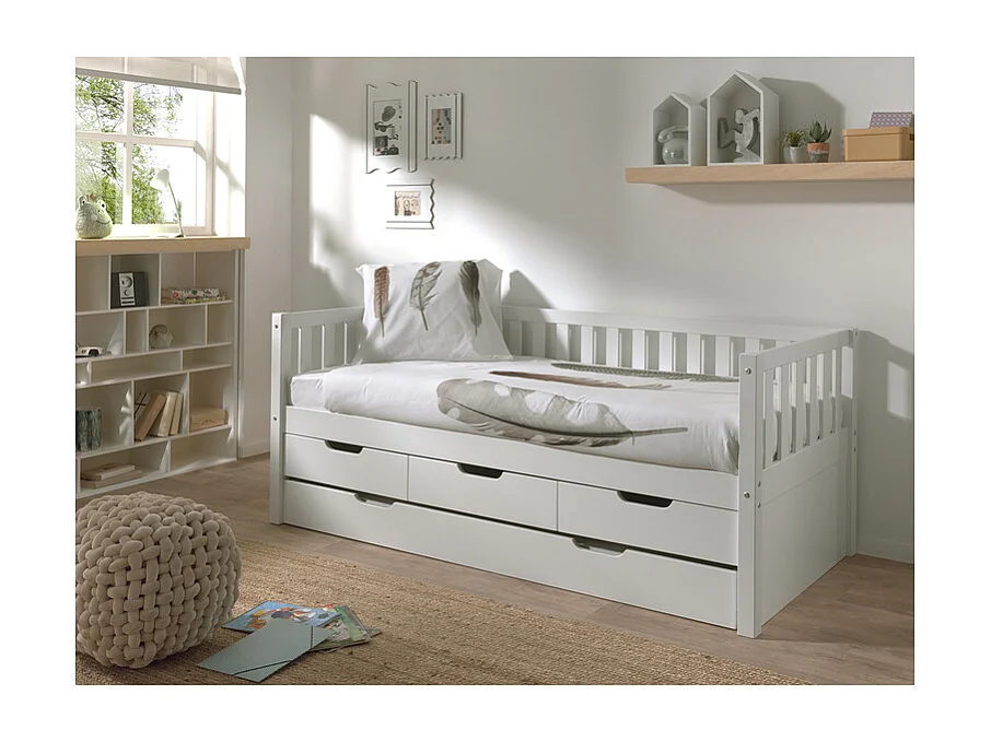 Pack - Lit Capitaine Enfant & Tiroir de Lit "Fritz" 90x200cm Blanc