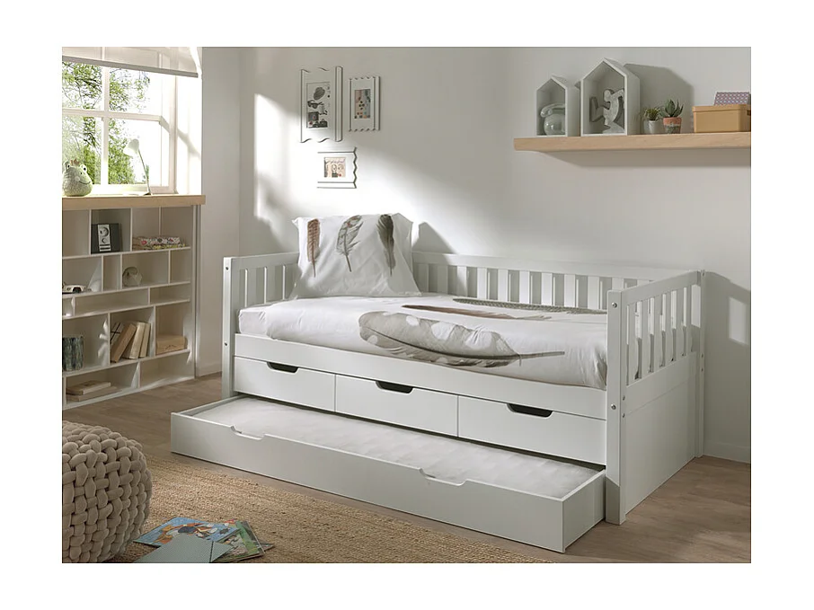 Pack - Lit Capitaine Enfant & Tiroir de Lit "Fritz" 90x200cm Blanc