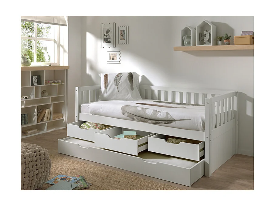 Pack - Lit Capitaine Enfant & Tiroir de Lit "Fritz" 90x200cm Blanc
