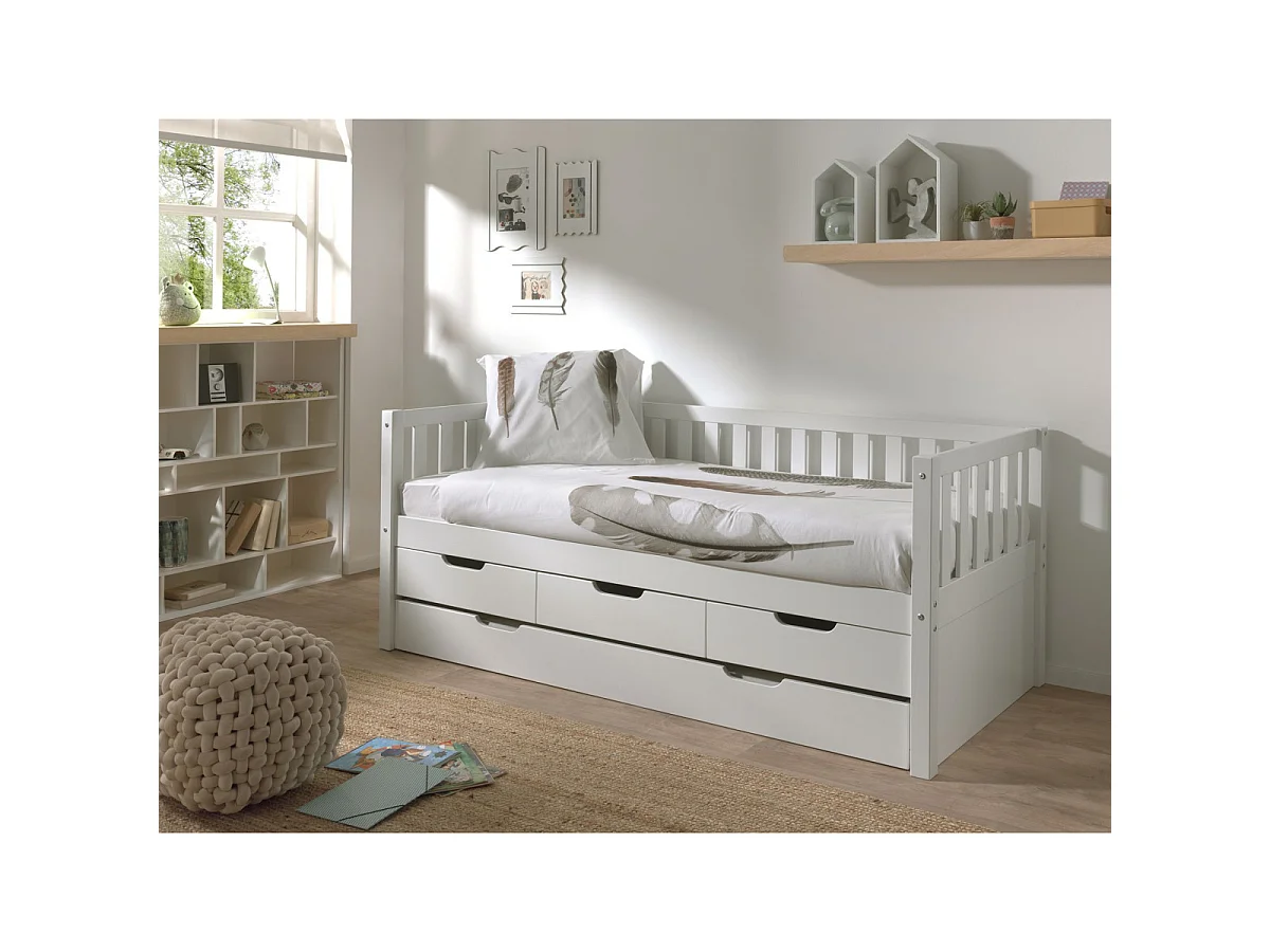 Pack - Lit Capitaine Enfant & Tiroir de Lit "Fritz" 90x200cm Blanc
