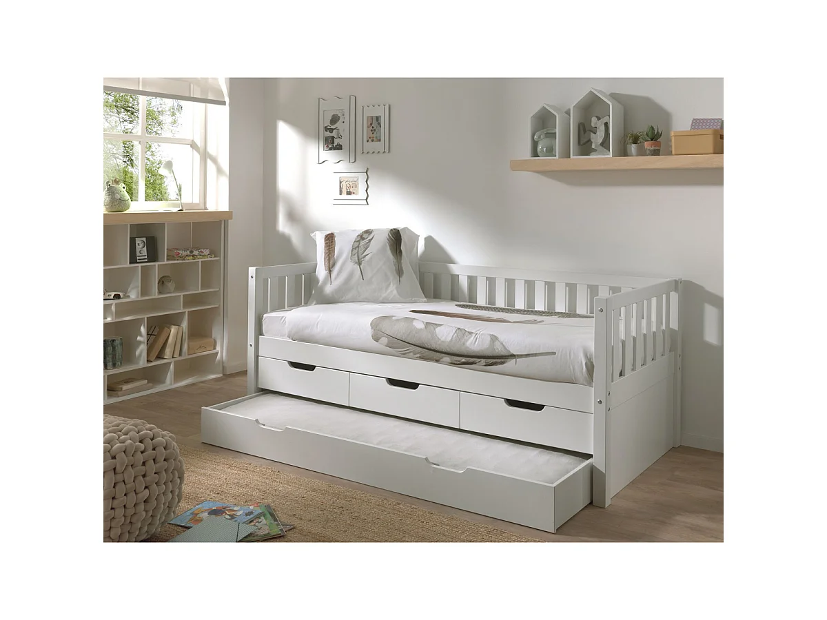 Pack - Lit Capitaine Enfant & Tiroir de Lit "Fritz" 90x200cm Blanc