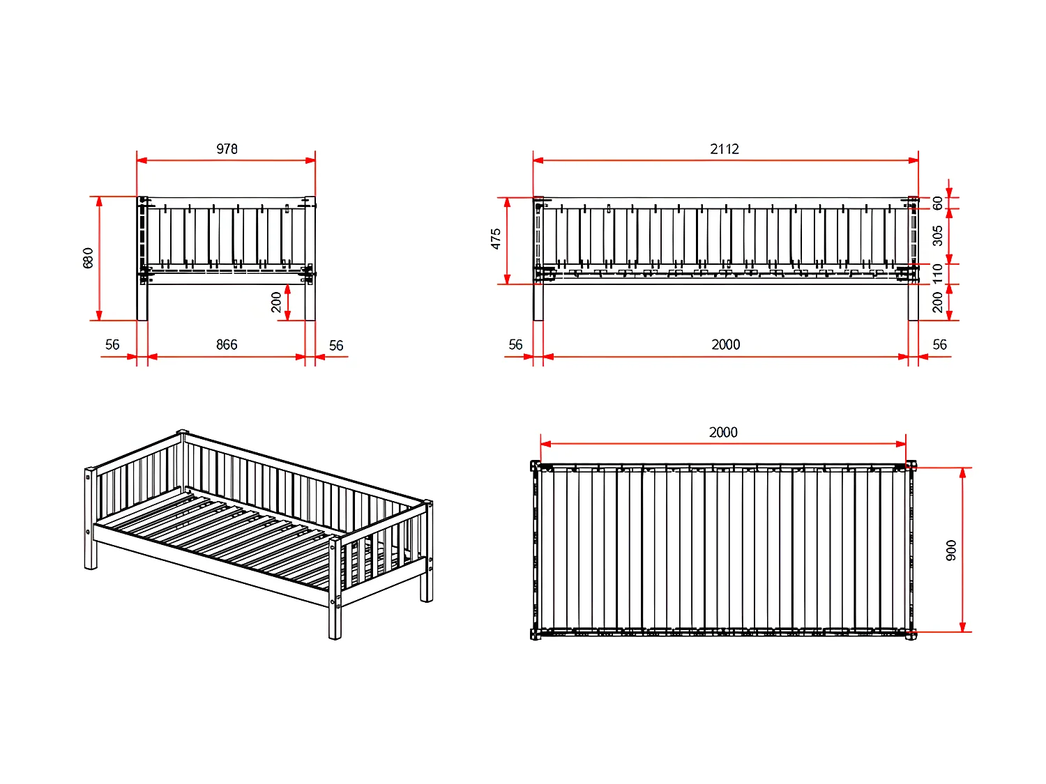 Lit banquette 90x200 sommier inclus Fritz - Blanc