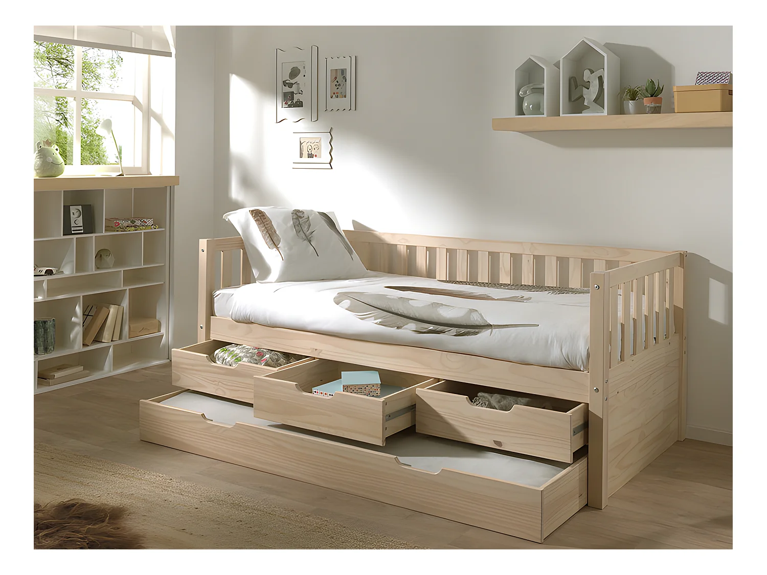 Pack - Lit Capitaine Enfant & Tiroir de Lit "Fritz" 90x200cm Naturel