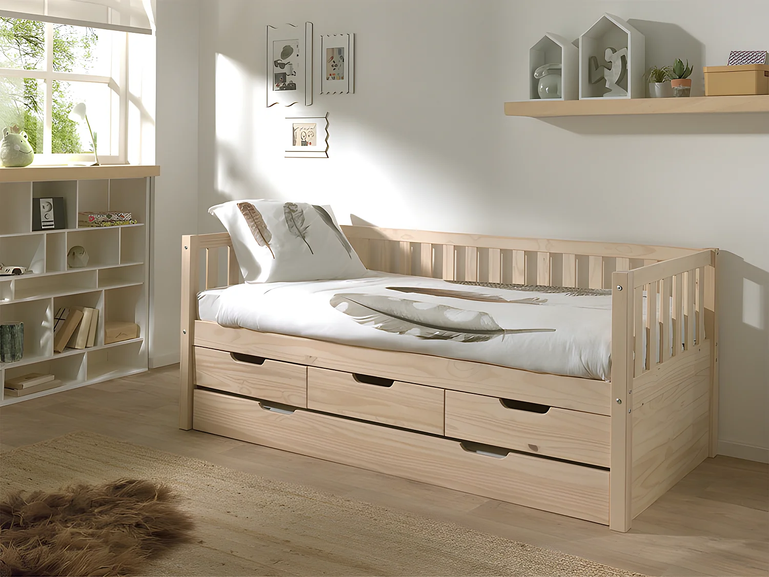 Pack - Lit Capitaine Enfant & Tiroir de Lit "Fritz" 90x200cm Naturel