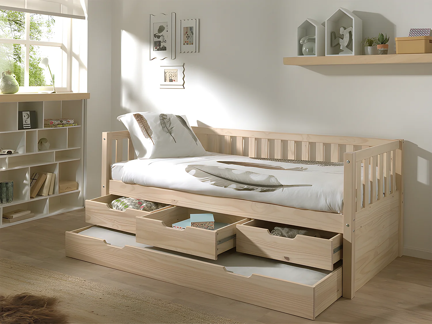 Pack - Lit Capitaine Enfant & Tiroir de Lit "Fritz" 90x200cm Naturel