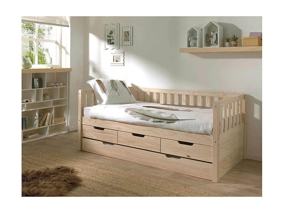 Pack - Lit Capitaine Enfant & Tiroir de Lit "Fritz" 90x200cm Naturel