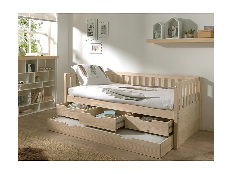 Pack - Lit Capitaine Enfant & Tiroir de Lit "Fritz" 90x200cm Naturel