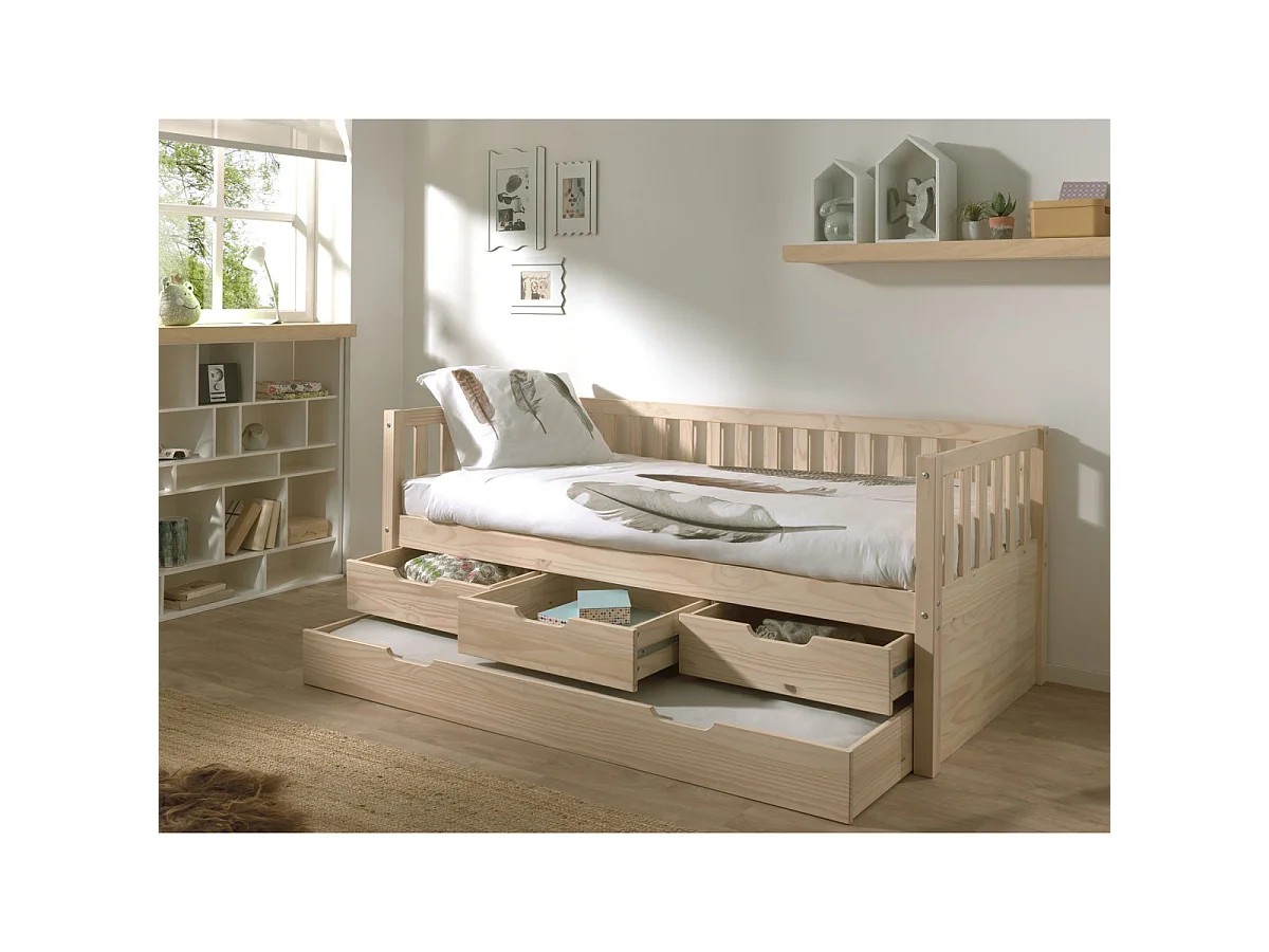 Pack - Lit Capitaine Enfant & Tiroir de Lit "Fritz" 90x200cm Naturel