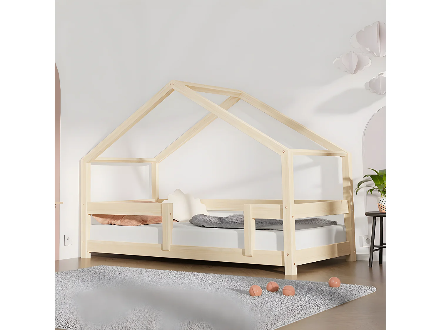 Lit cabane 90x190 Lucky avec barrières - Bois