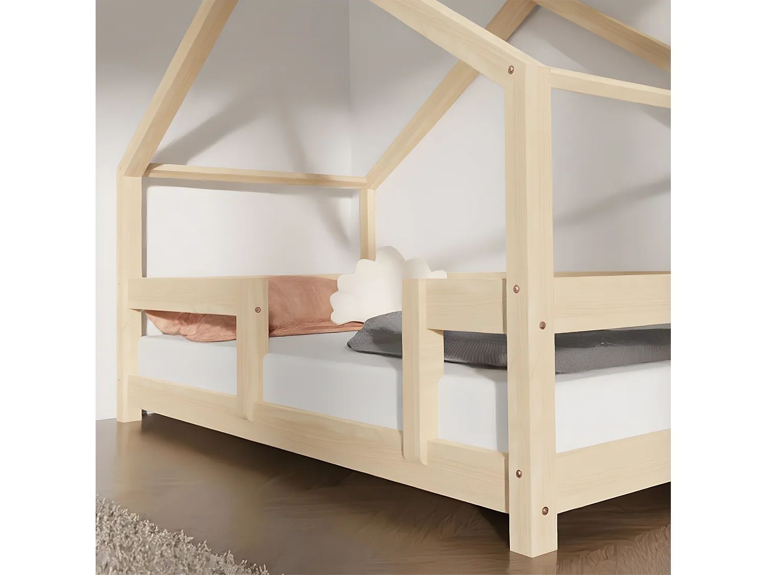 Lit cabane 90x190 Lucky avec barrières - Bois