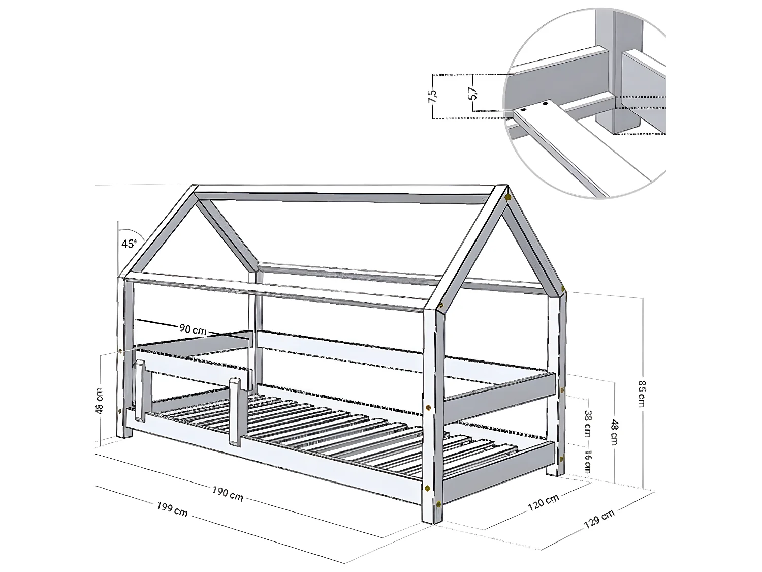 Lit cabane 120x190 Tery avec barrière - Blanc