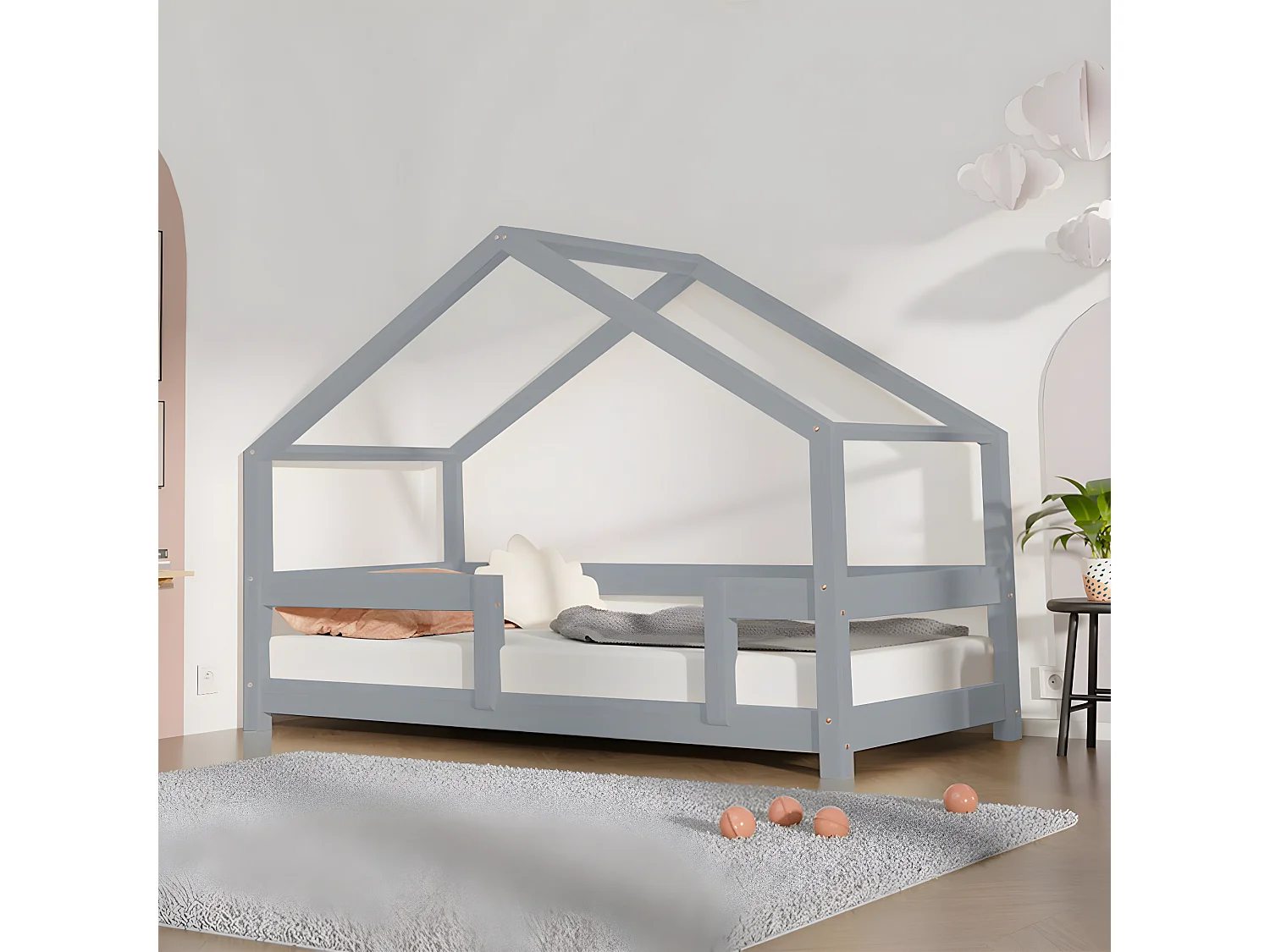 Lit cabane 90x190 Lucky avec barrières - Gris