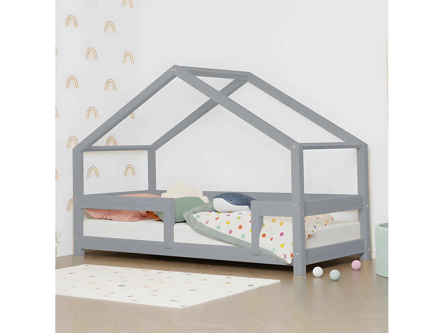 Lit cabane 120x190 Lucky avec barrières - Gris