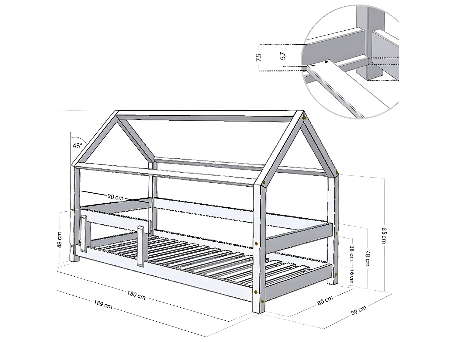 Lit cabane 80x180 Tery avec barrière - Bois