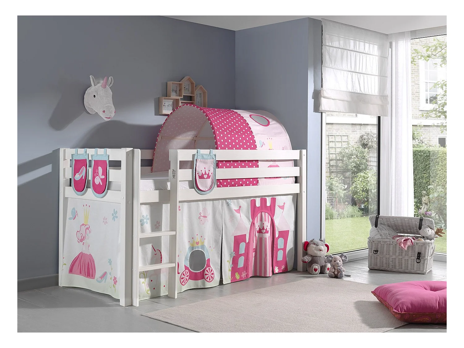 Cama altillo de 90x200 cm con tienda túnel y 3 bolsillos princesa de pino macizo claro Pino 2