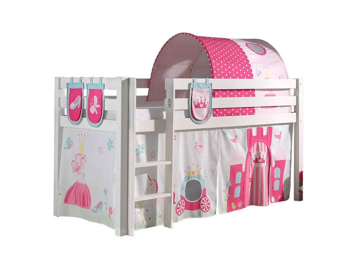 Pack - Lit Enfant Surélevé, Tente, 3 Pochettes & Tunnel "Pino Princesse" Blanc