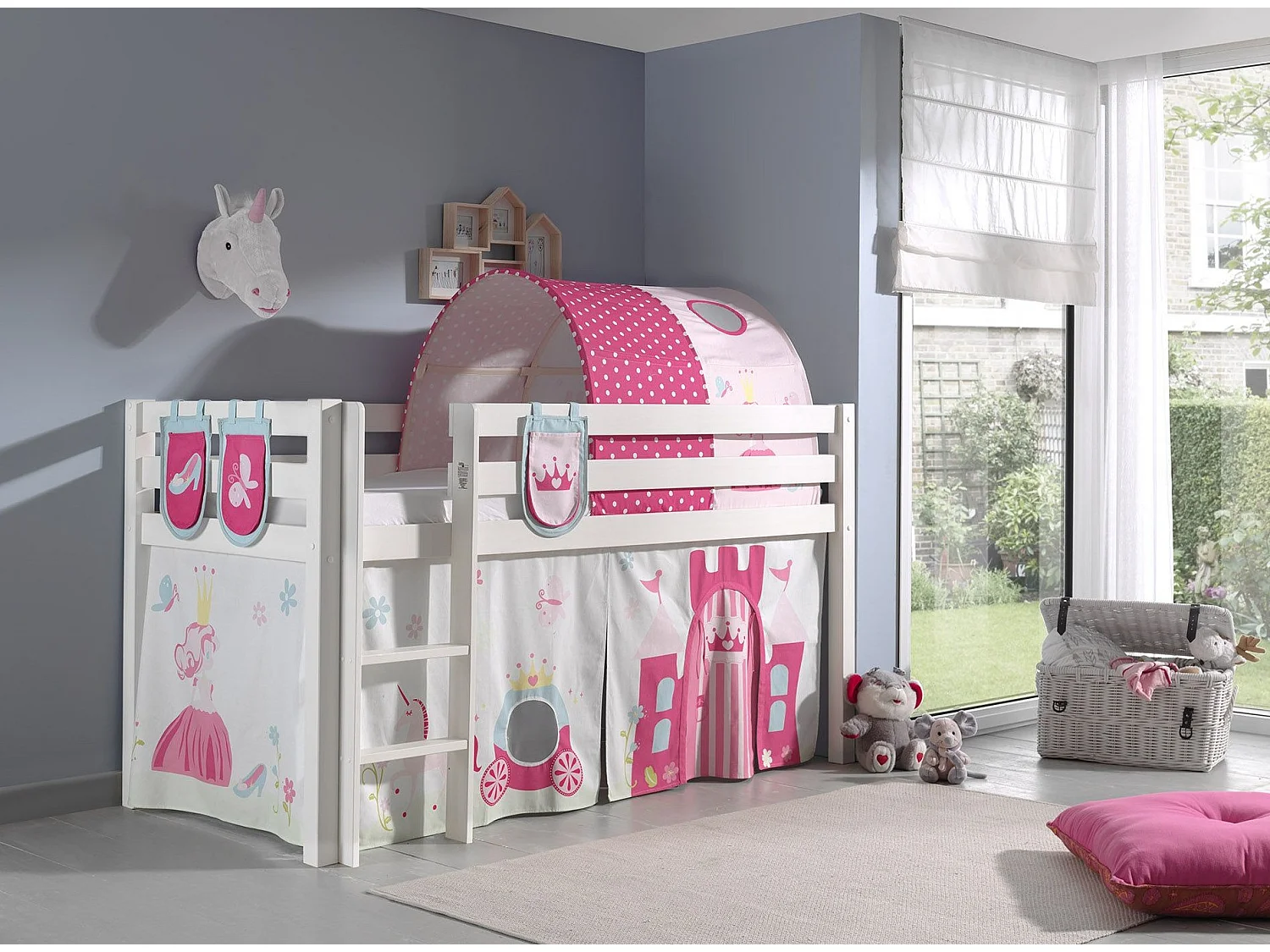 Mezzaninebed van 90x200 cm met tunneltent en 3 lichte massief grenen prinsessenzakken Pino 2