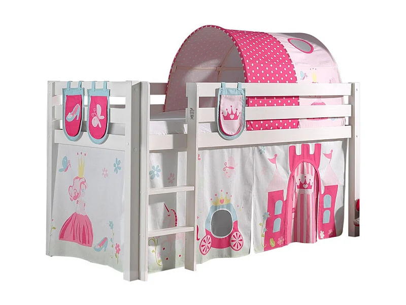 Pack - Lit Enfant Surélevé, Tente, 3 Pochettes & Tunnel "Pino Princesse" Blanc