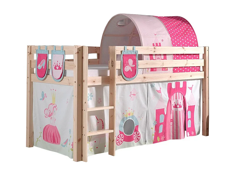 Pack - Lit Enfant Surélevé, Tente, 3 Pochettes & Tunnel "Pino Princesse" Naturel