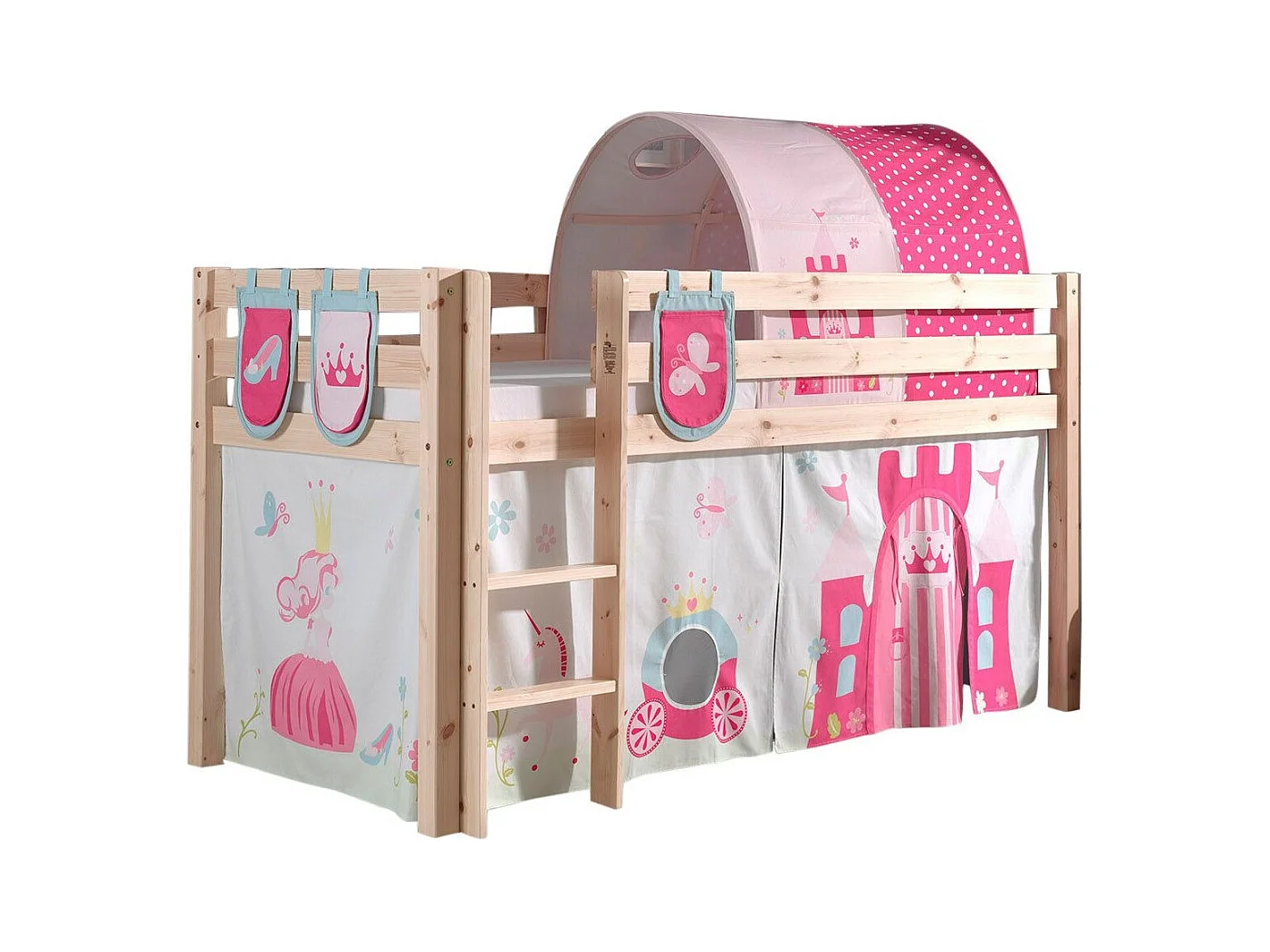 Cama altillo de 90x200 cm con tienda túnel y 3 bolsillos princesa de pino macizo claro Pino