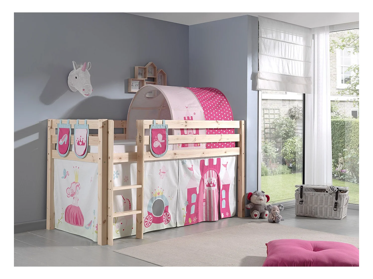 Cama altillo de 90x200 cm con tienda túnel y 3 bolsillos princesa de pino macizo claro Pino