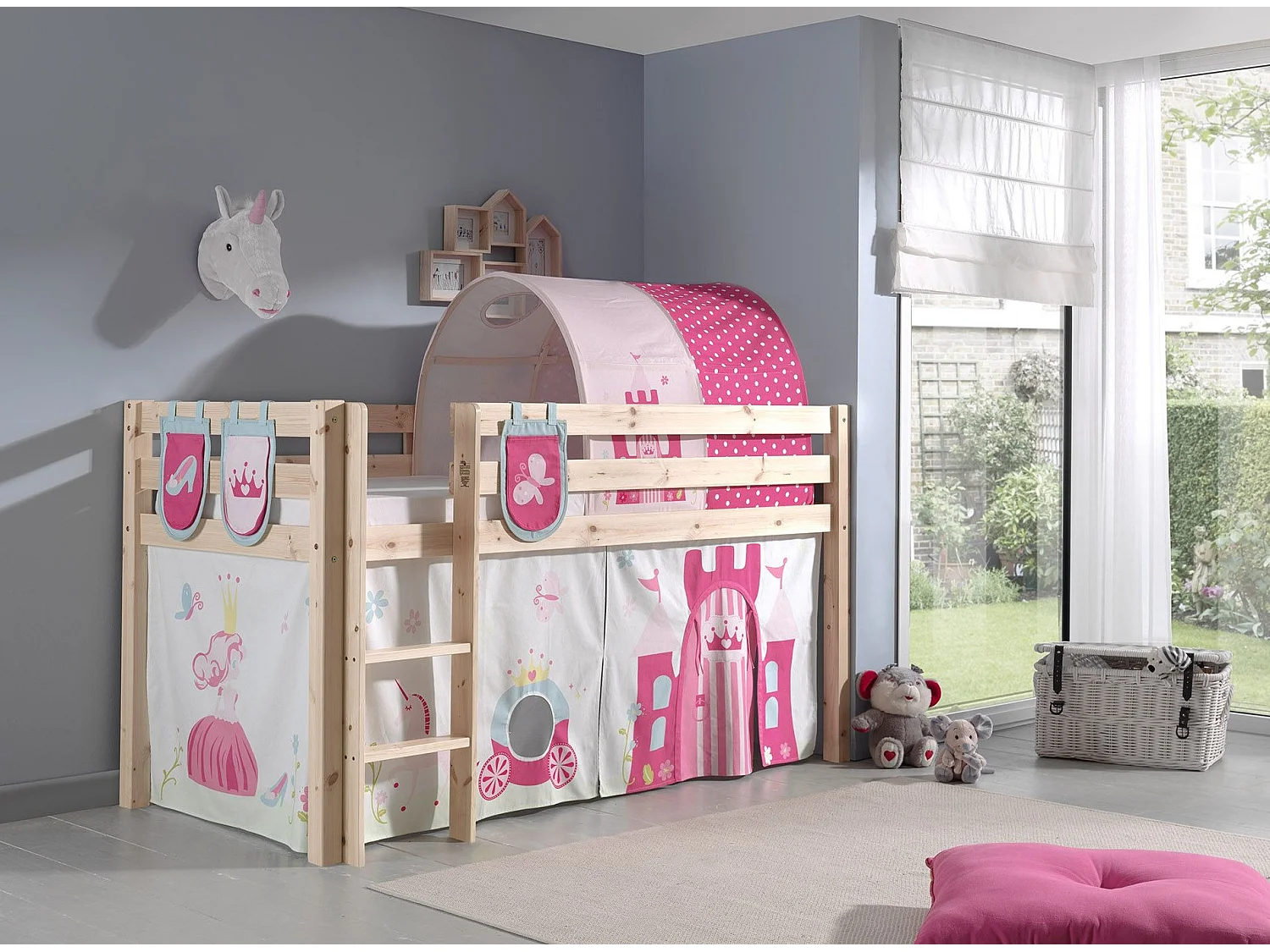 Pack - Lit Enfant Surélevé, Tente, 3 Pochettes & Tunnel "Pino Princesse" Naturel