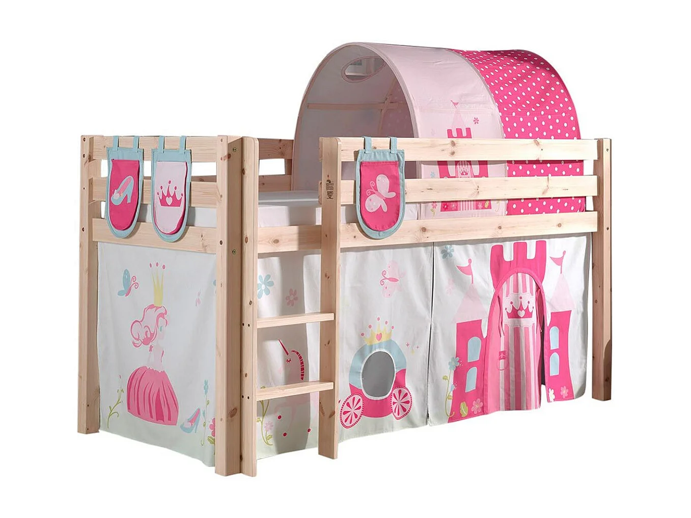 Pack - Lit Enfant Surélevé, Tente, 3 Pochettes & Tunnel "Pino Princesse" Naturel