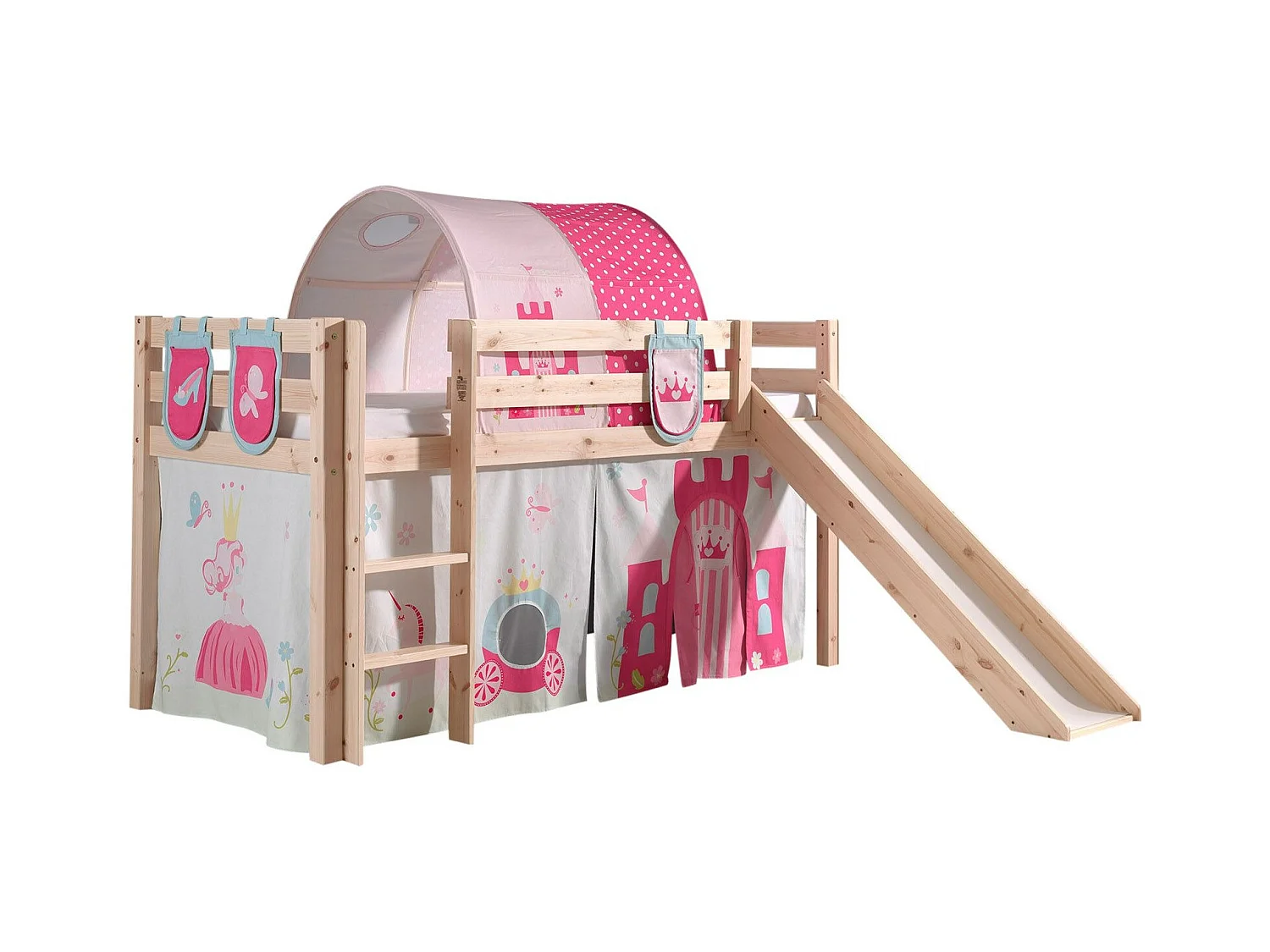 Cama Slide 90x200 cm con tienda túnel y 3 bolsillos princesa de pino macizo claro Pino