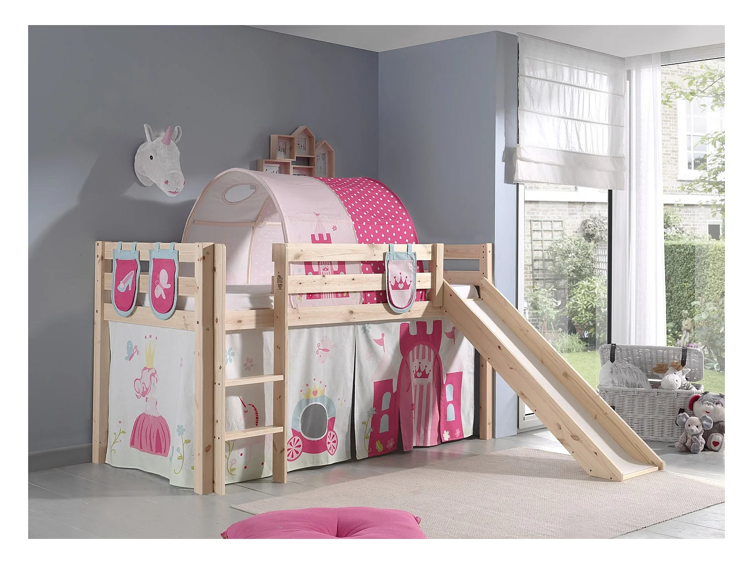 Cama Slide 90x200 cm con tienda túnel y 3 bolsillos princesa de pino macizo claro Pino